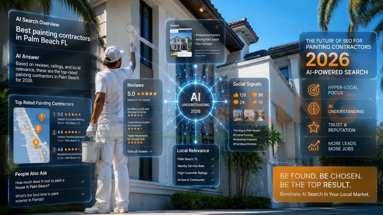 AI-powered SEO concept for painting contractors showing local search rankings, reviews, social signals, and AI search optimization in Palm Beach FL