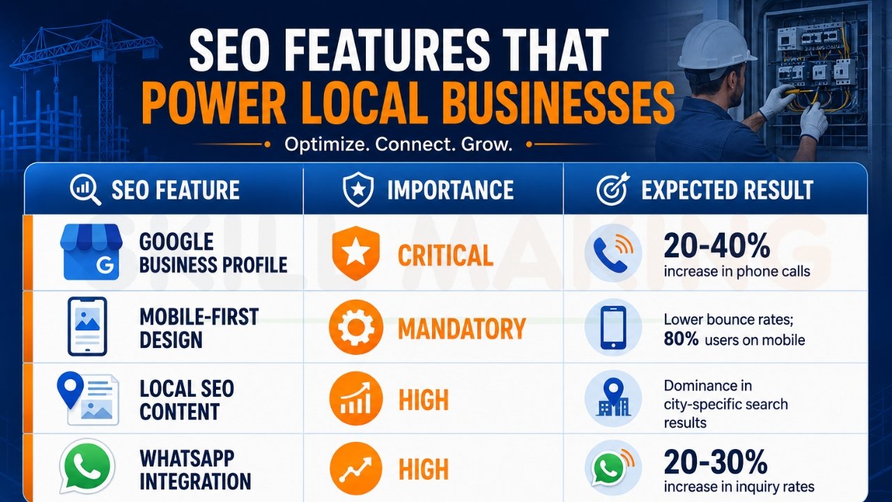 SEO features infographic for local businesses showing Google Business Profile, mobile-first design, local SEO content, and WhatsApp integration benefits