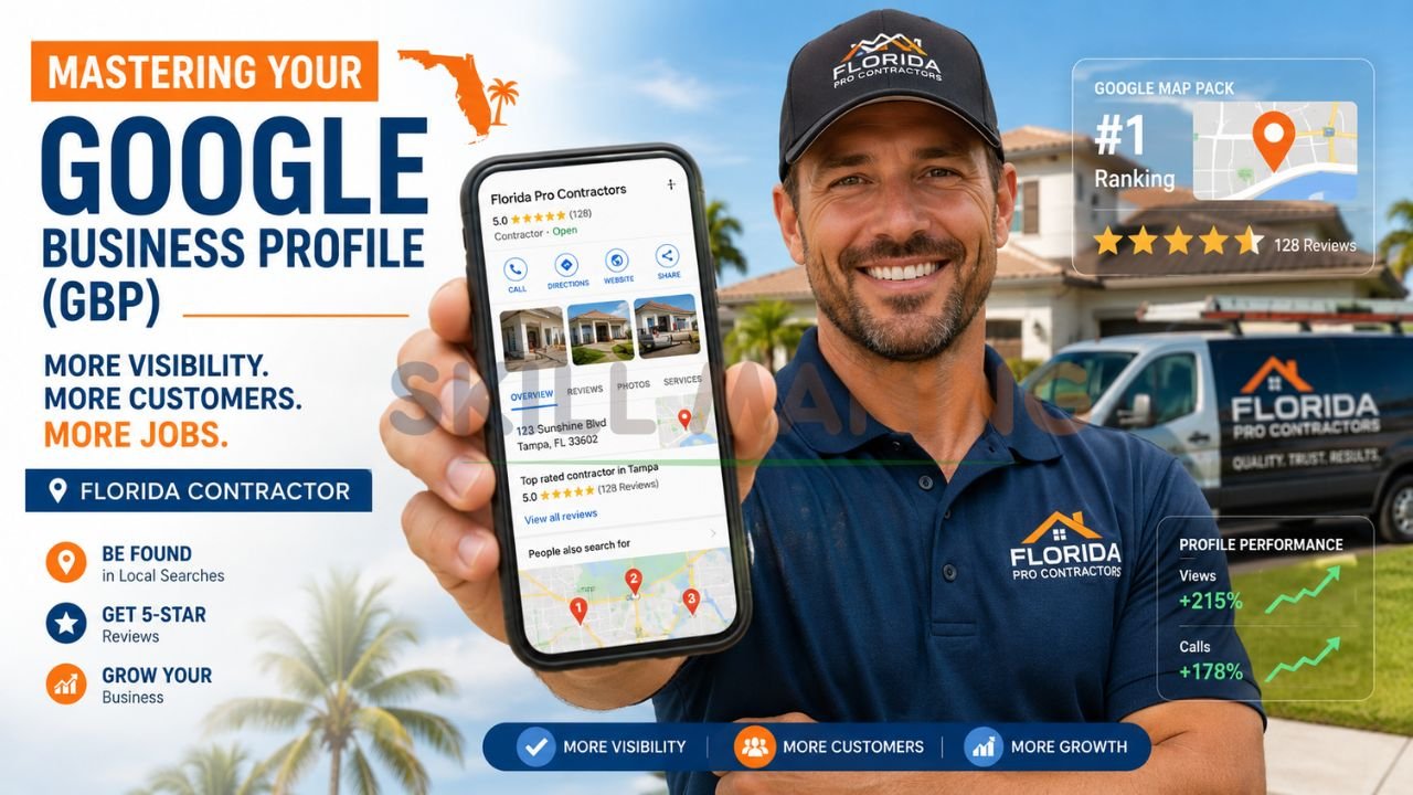 Florida contractor showing optimized Google Business Profile on smartphone with map pack ranking and customer review growth.