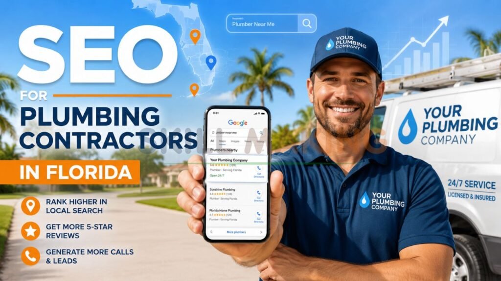 Florida plumbing contractor holding smartphone with Google local search results and SEO marketing graphics for plumbing businesses.