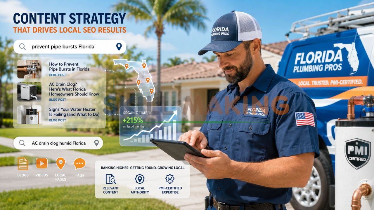 Florida plumber using tablet with local SEO content strategy, blog topics, and organic traffic growth graphics for plumbing marketing.