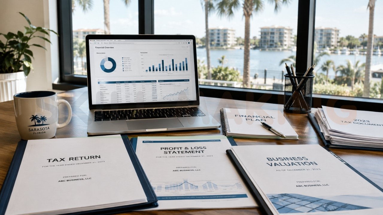 Financial planning workspace with laptop analytics dashboard, tax return documents, profit and loss statement, and business valuation reports in Sarasota office