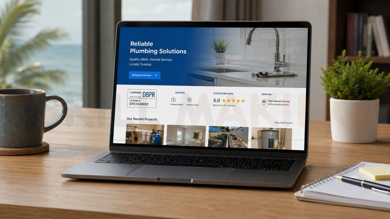 Professional plumbing company website displayed on laptop featuring licensed contractor info, customer reviews, service areas, and recent plumbing projects