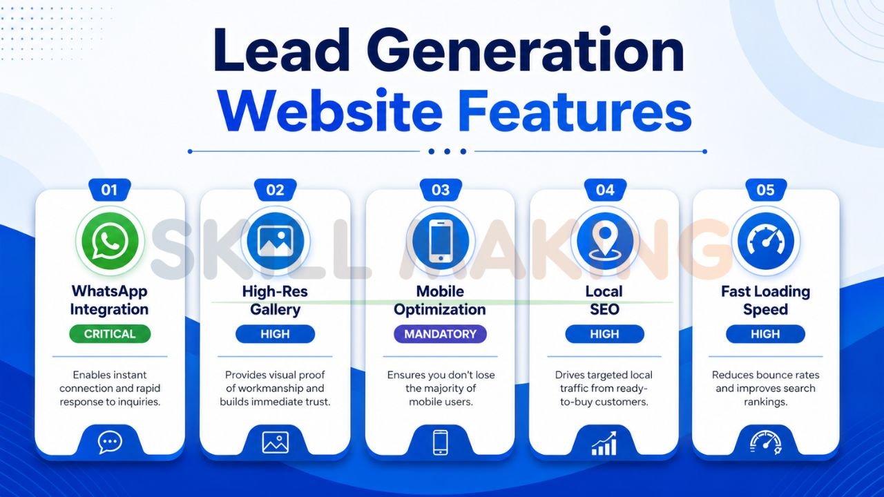 lead generation website features including WhatsApp integration mobile optimization local SEO fast loading speed and high resolution gallery