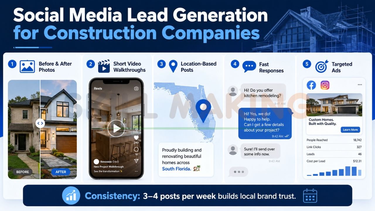 social media marketing strategies for construction companies including before and after photos reels local posts and targeted ads