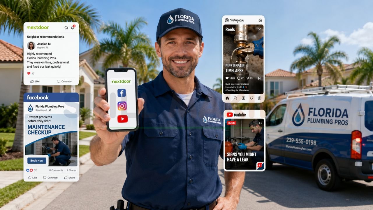 Plumbing company using Facebook Instagram YouTube and Nextdoor social media marketing to build local brand awareness and generate leads