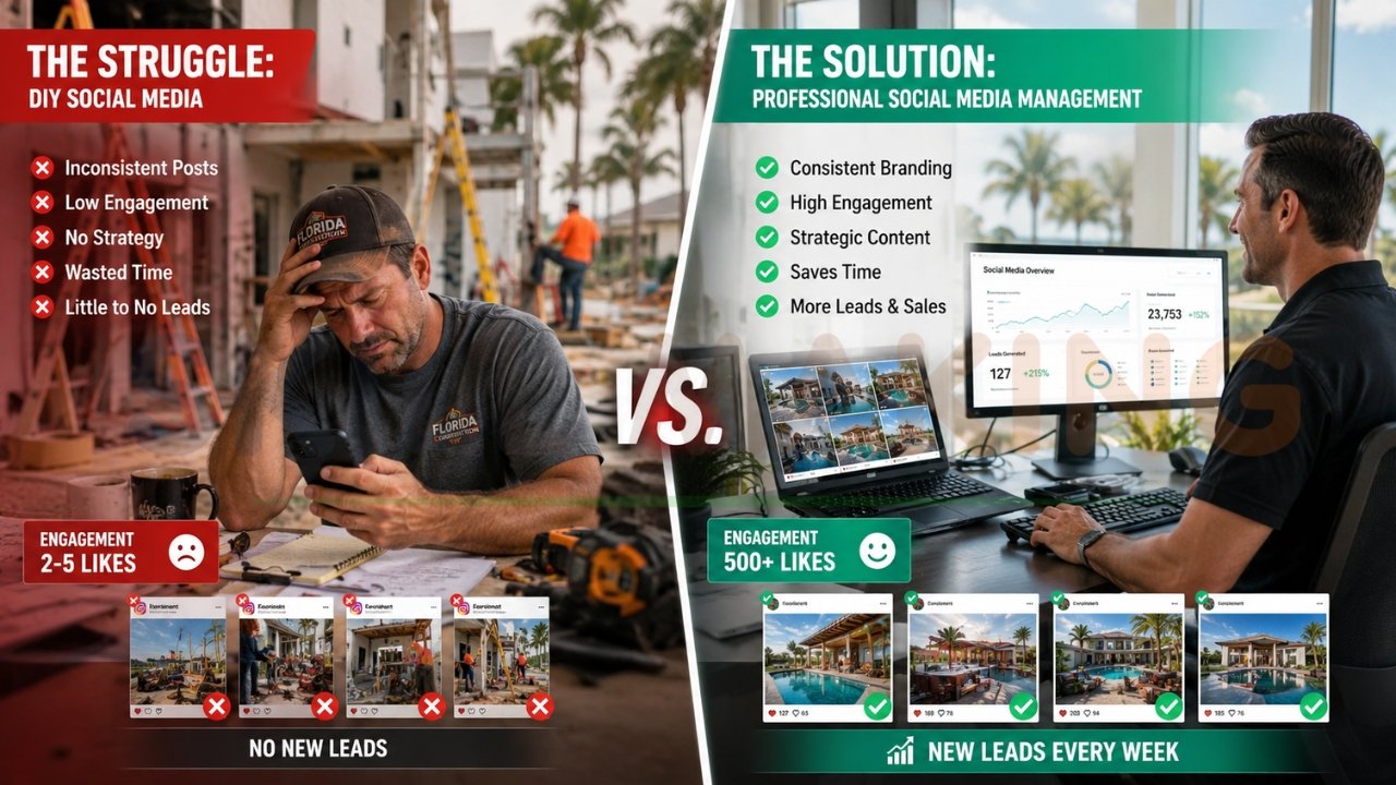 DIY vs professional social media management comparison showing low engagement vs high engagement and leads