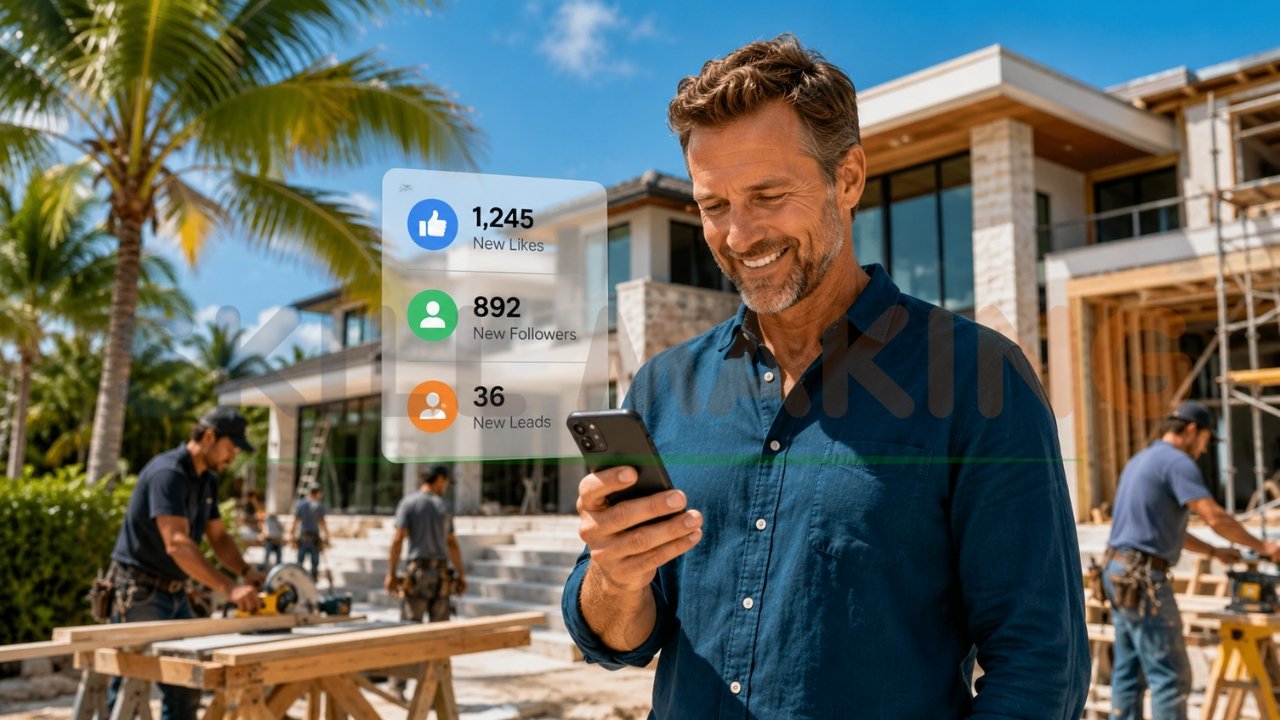 Social media growth for construction business showing high likes, followers, and new leads