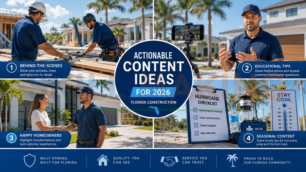 Construction social media content ideas 2026 showing behind the scenes, tips, testimonials, and seasonal posts