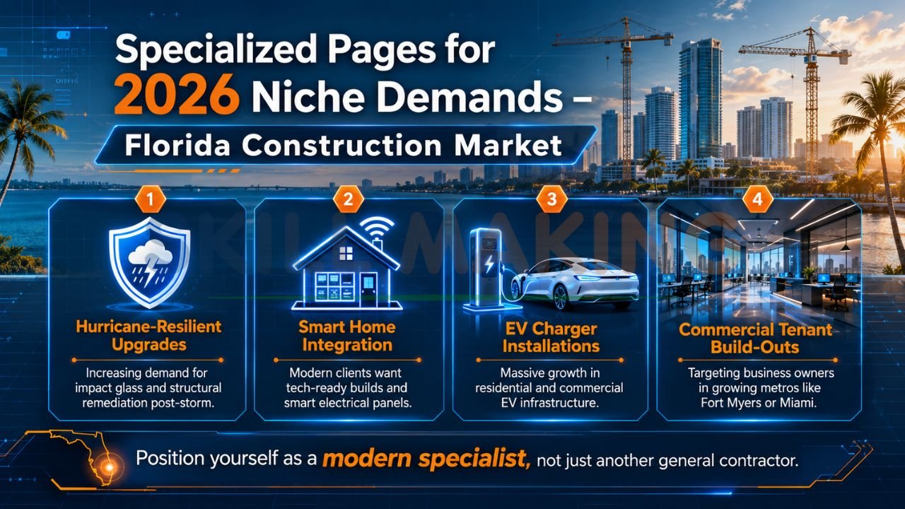 Florida construction niche service pages featuring hurricane-resistant upgrades, smart home integration, EV charger installations, and commercial tenant build-outs