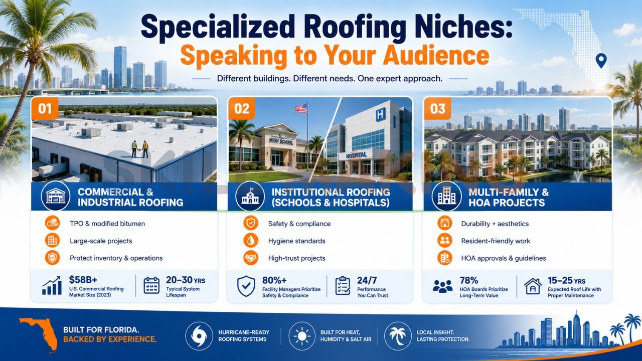 Florida roofing niche infographic featuring commercial roofing, institutional roofing for schools and hospitals, and multi-family HOA roofing services