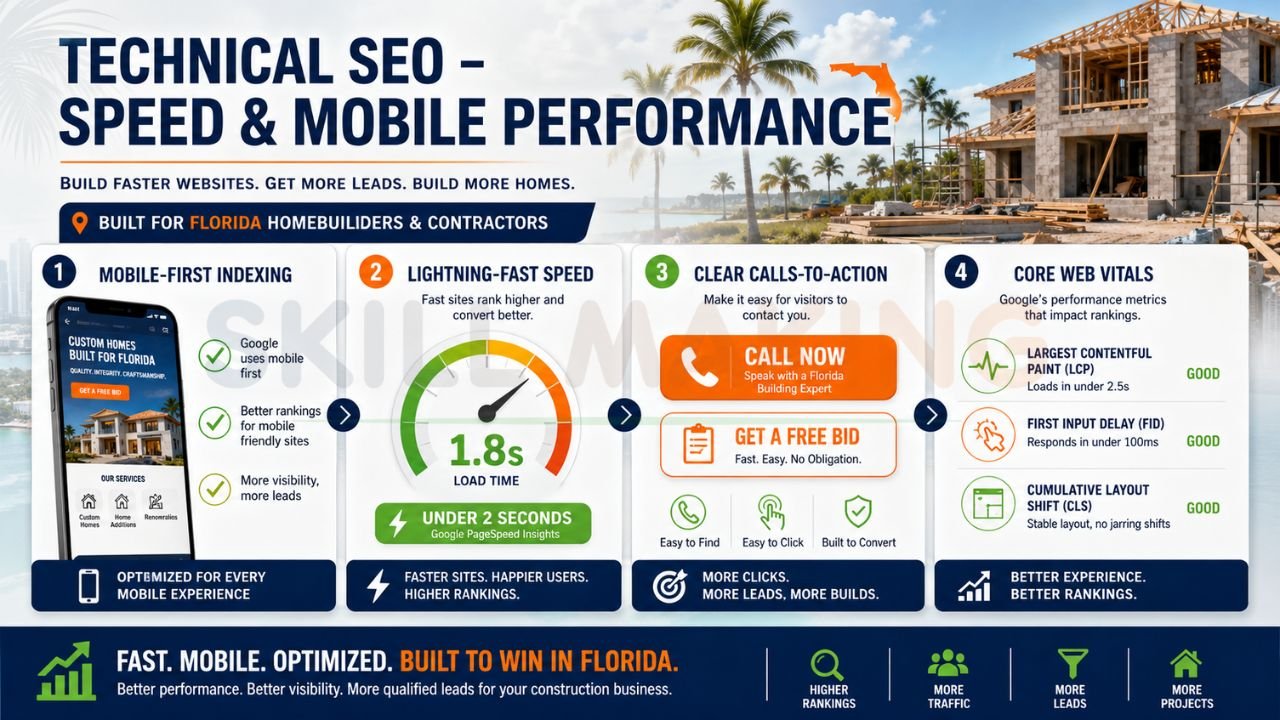 Technical SEO infographic for Florida home builders showing mobile-first indexing, fast website speed, Core Web Vitals, and conversion-focused web design