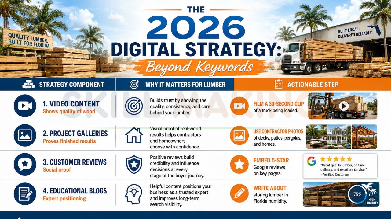 2026 digital marketing strategy infographic for Florida lumber companies featuring video content, customer reviews, project galleries, and educational blogs