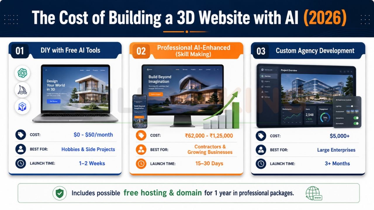 Comparison infographic showing the cost of building a 3D website with AI using DIY tools, professional AI-enhanced services, and custom agency development