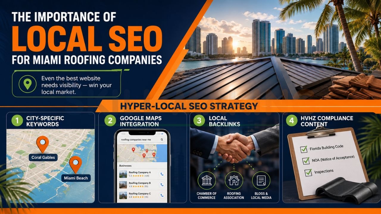 Miami roofing local SEO infographic showing Google Maps integration, city-specific keywords, local backlinks, and roofing compliance content strategies