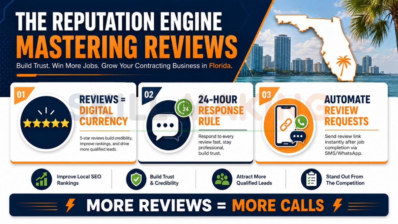 Review generation strategy infographic for Florida contractors showing Google reviews, fast response systems, and automated review requests