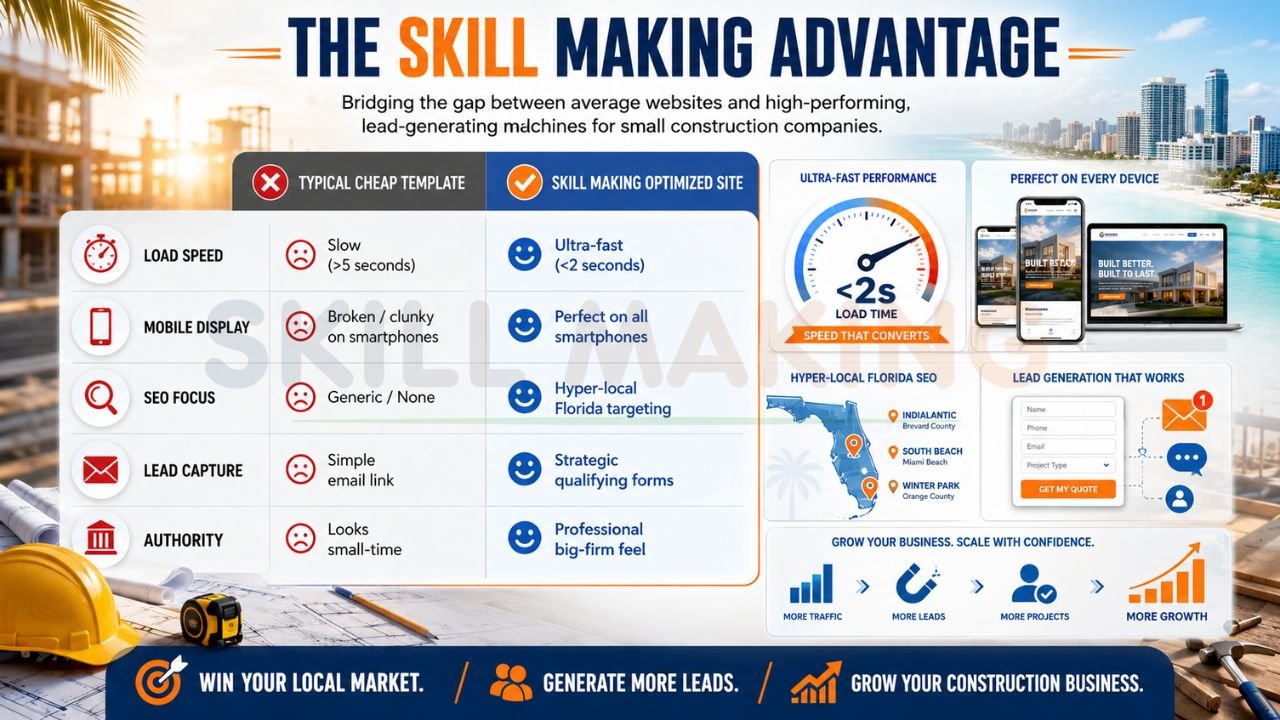 Comparison of optimized construction company website design versus cheap templates for Florida contractors