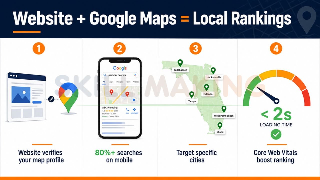 Infographic showing how contractor websites and Google Maps optimization improve local SEO rankings in Florida