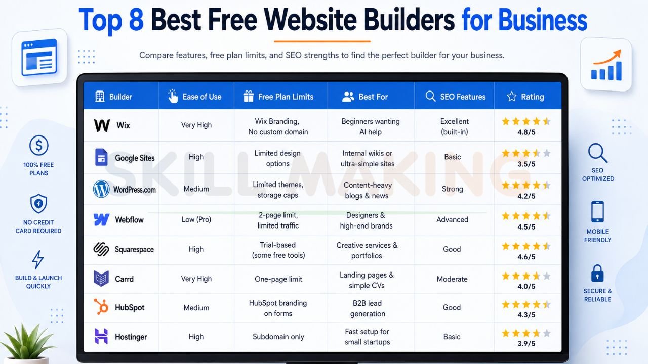 comparison table of top free website builders for business including Wix WordPress Webflow Squarespace and HubSpot