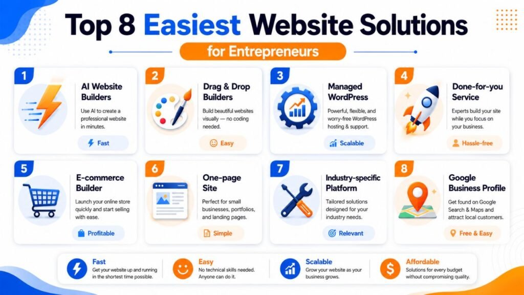 Infographic showing the easiest website solutions for entrepreneurs including AI website builders, WordPress, drag-and-drop builders, eCommerce platforms, and Google Business Profile