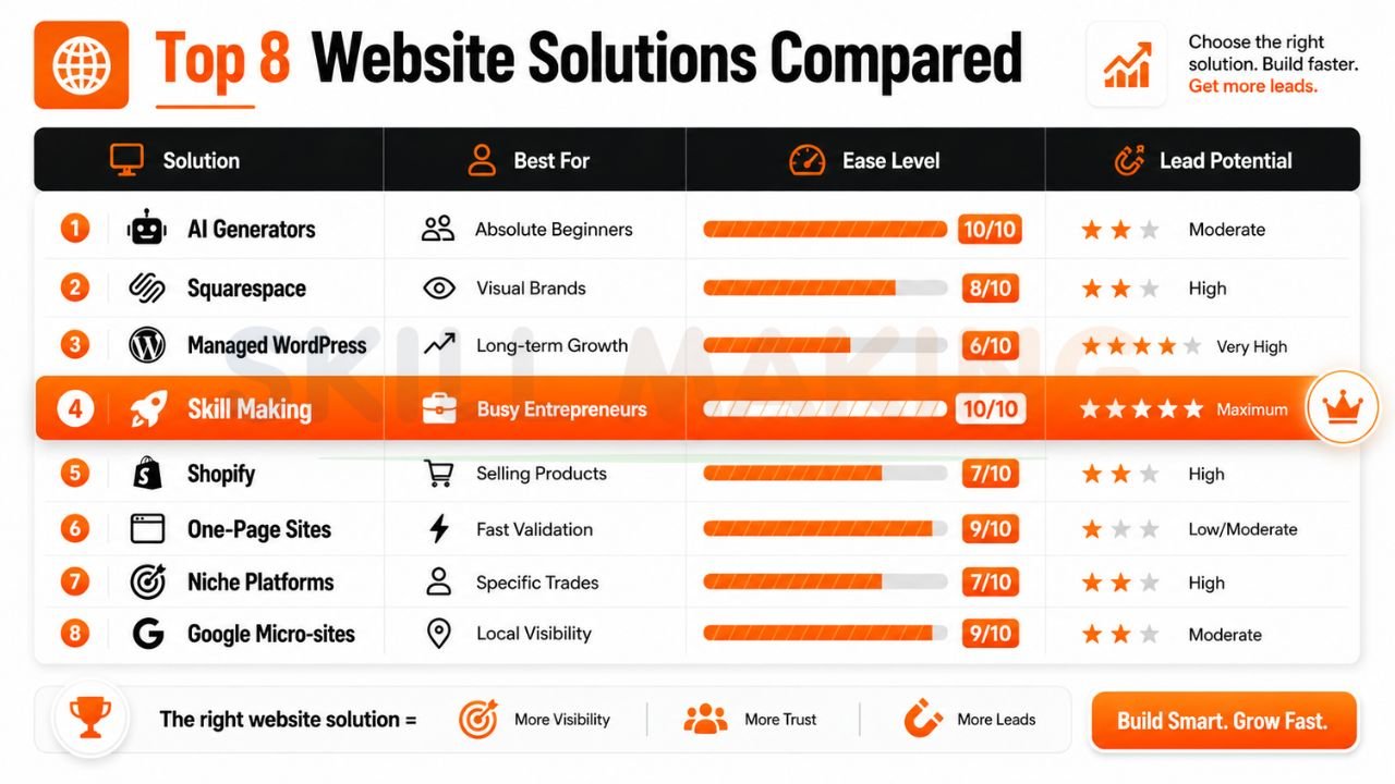 Comparison chart of top website solutions including AI generators, Squarespace, WordPress, Shopify, and Google micro-sites for entrepreneurs and small businesses