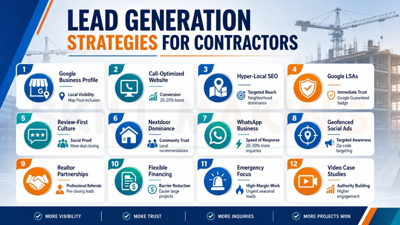 Construction lead generation strategies infographic for contractors