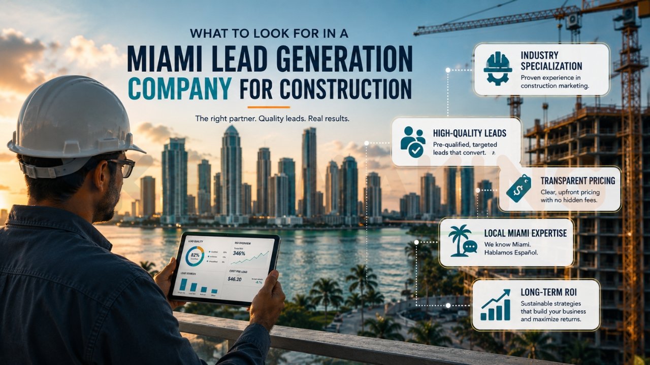 Construction lead generation company infographic in Miami showing industry specialization, high-quality leads, local expertise, transparent pricing, and ROI-focused marketing