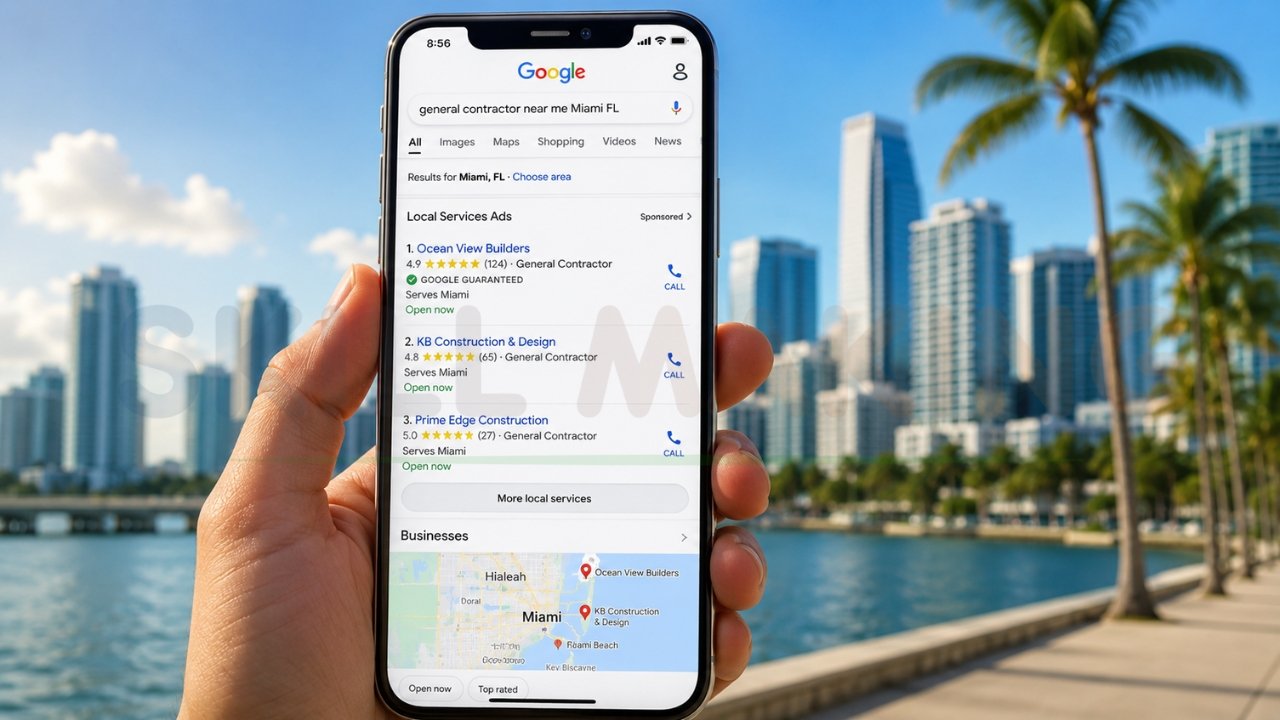Google local contractor search results on smartphone showing Miami construction companies, local service ads, maps, ratings, and call buttons