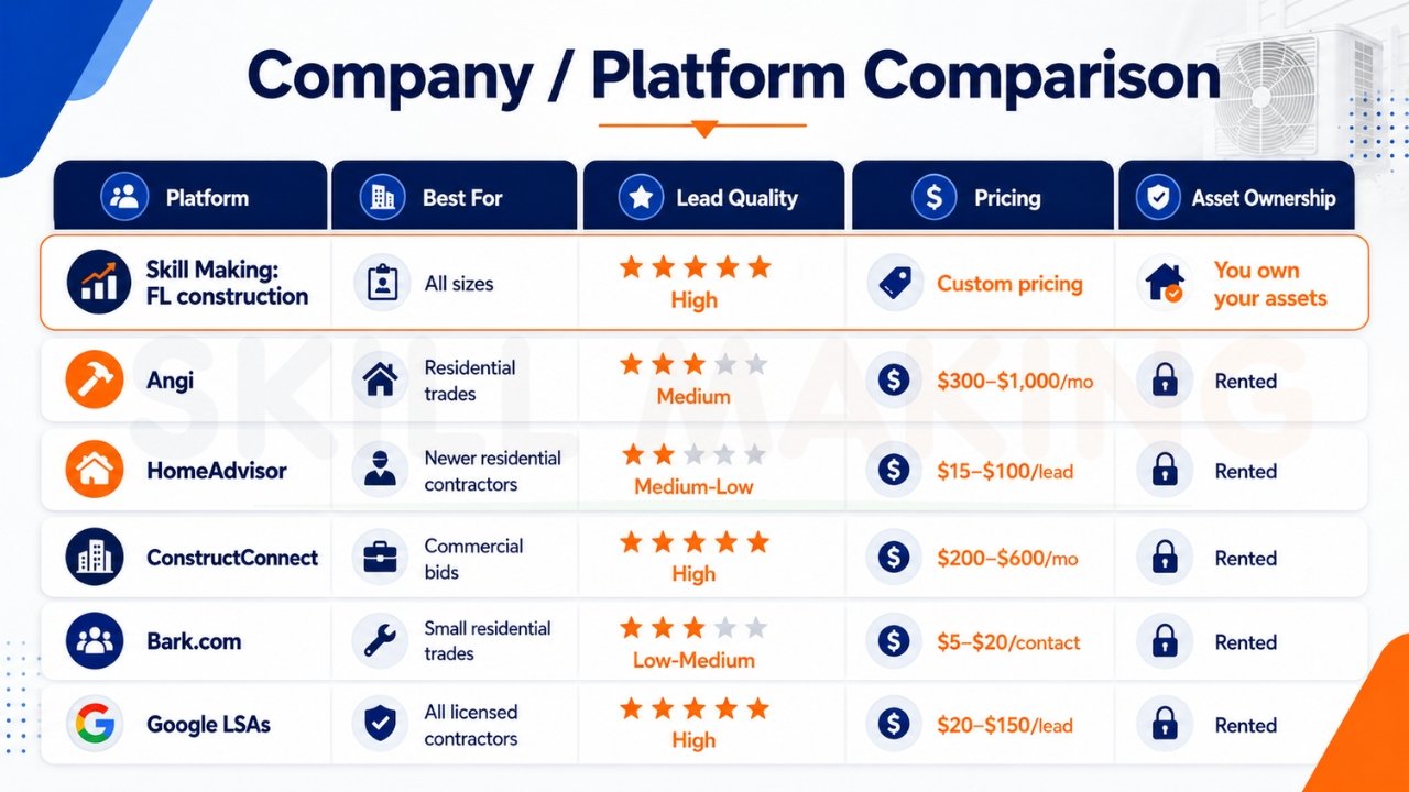 Lead generation platform comparison chart featuring Skill Making, Angi, HomeAdvisor, ConstructConnect, Bark.com, and Google LSAs with pricing and lead quality ratings