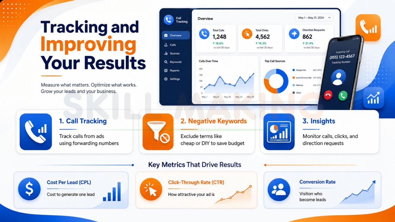 Infographic showing call tracking, negative keywords, insights, cost per lead, CTR, and conversion rate optimization for local SEO and Google Ads campaigns