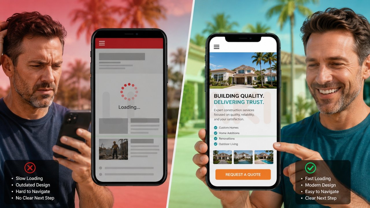 Slow outdated contractor website versus fast modern lead generation website comparison on mobile phones