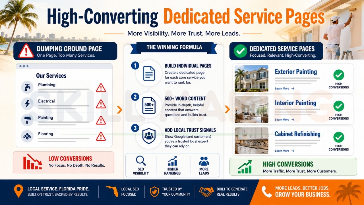 Dedicated service pages versus single generic service page comparison for contractor website SEO and lead generation