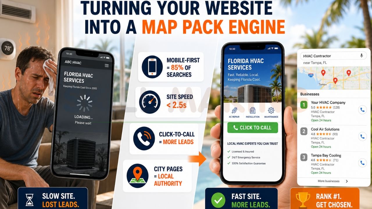 HVAC website optimization infographic showing mobile-first design, fast loading speed, click-to-call features, and Google Maps rankings