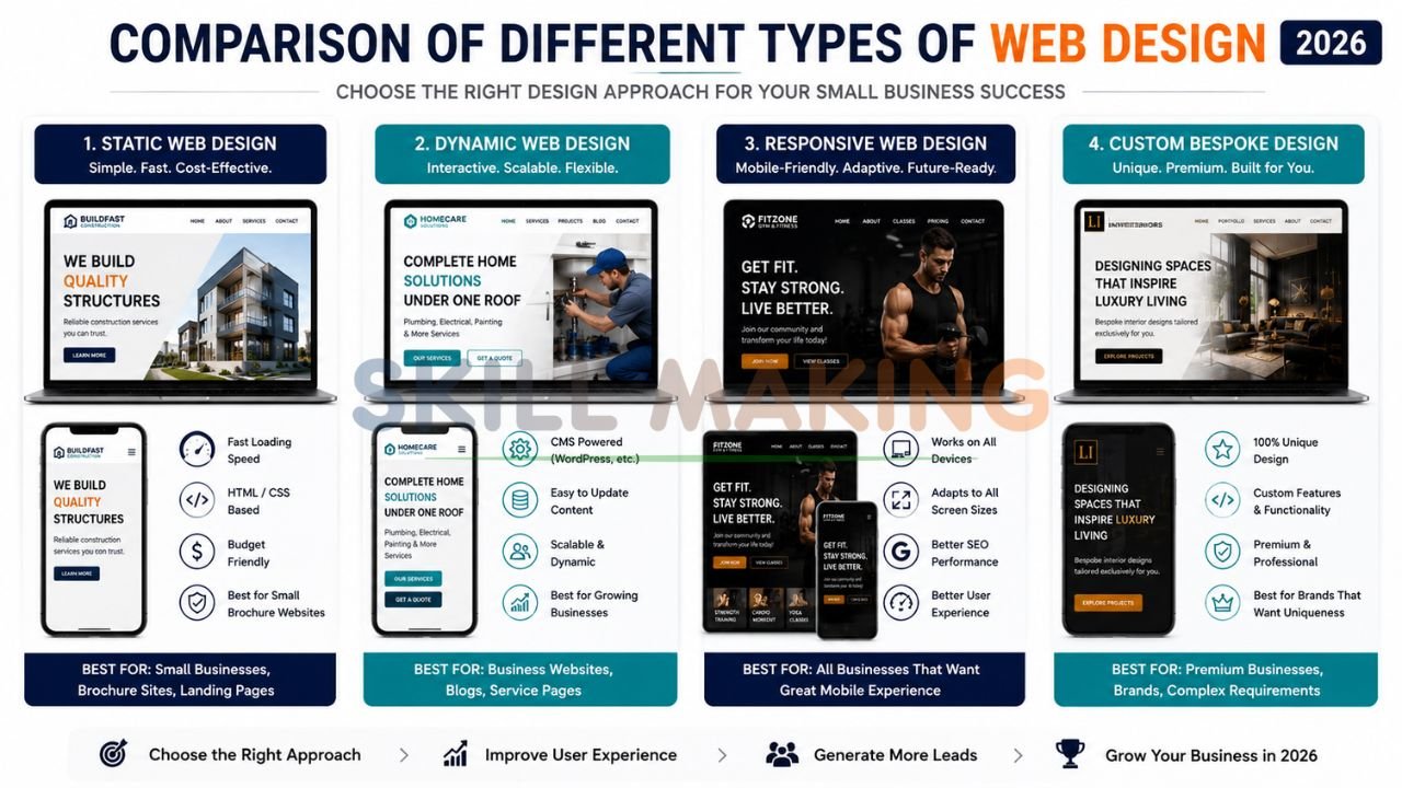 Side-by-side comparison of static, dynamic, responsive, and custom web design styles