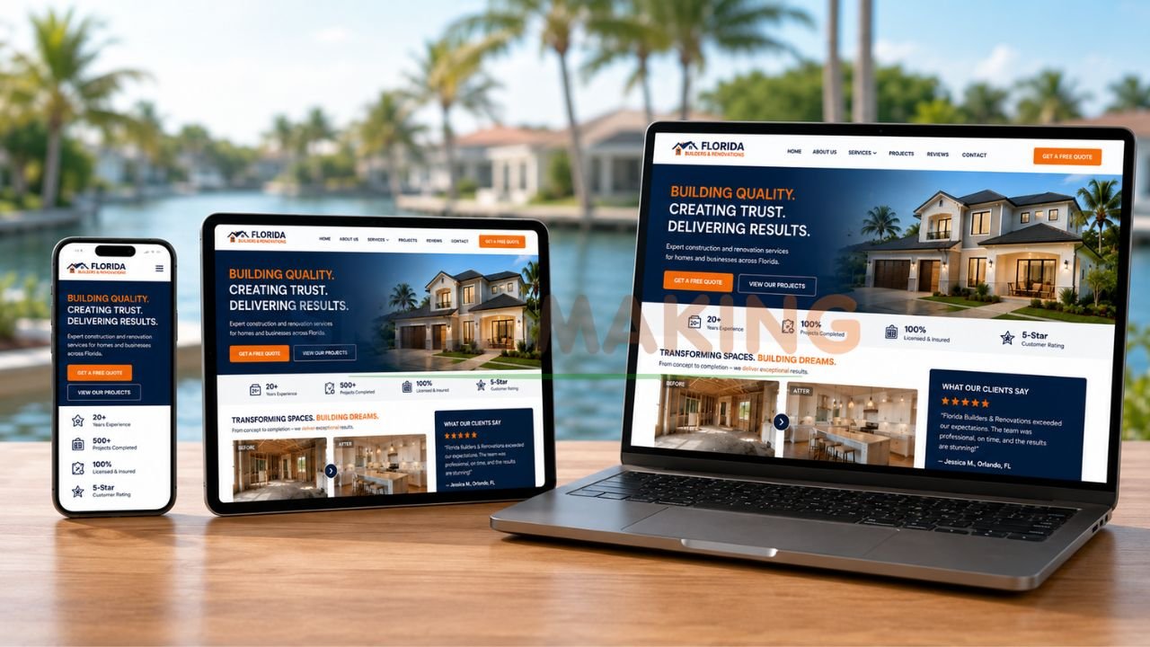 Modern responsive website perfectly displayed on smartphone, tablet, and laptop
