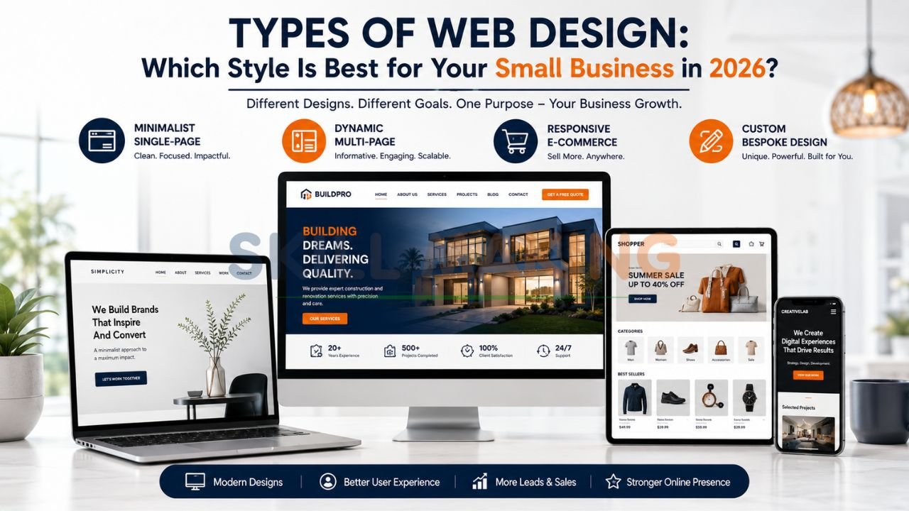 Various modern web design styles displayed on multiple devices for small business