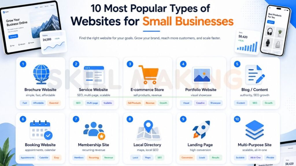 Infographic showing the most popular types of small business websites including eCommerce, portfolio, service, blog, booking, and landing page websites