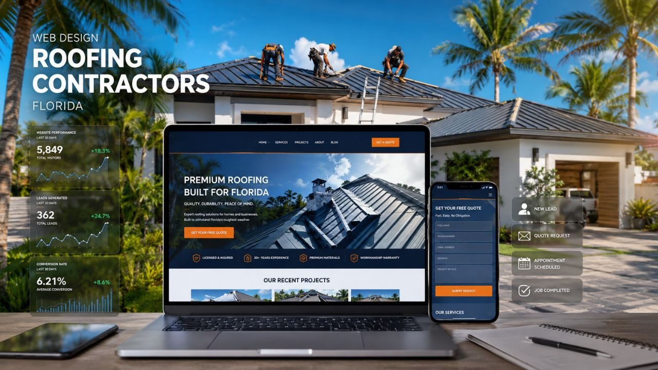 Professional roofing contractor website design in Florida featuring lead generation, roofing services, mobile responsiveness, and SEO optimization