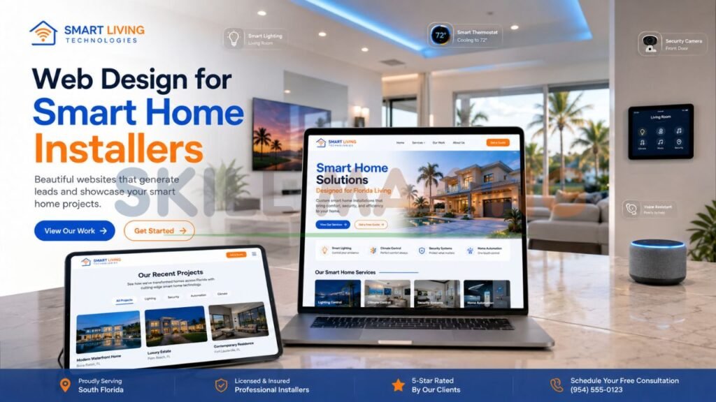 Professional web design for smart home installers featuring home automation, security systems, climate control, and smart lighting solutions in Florida
