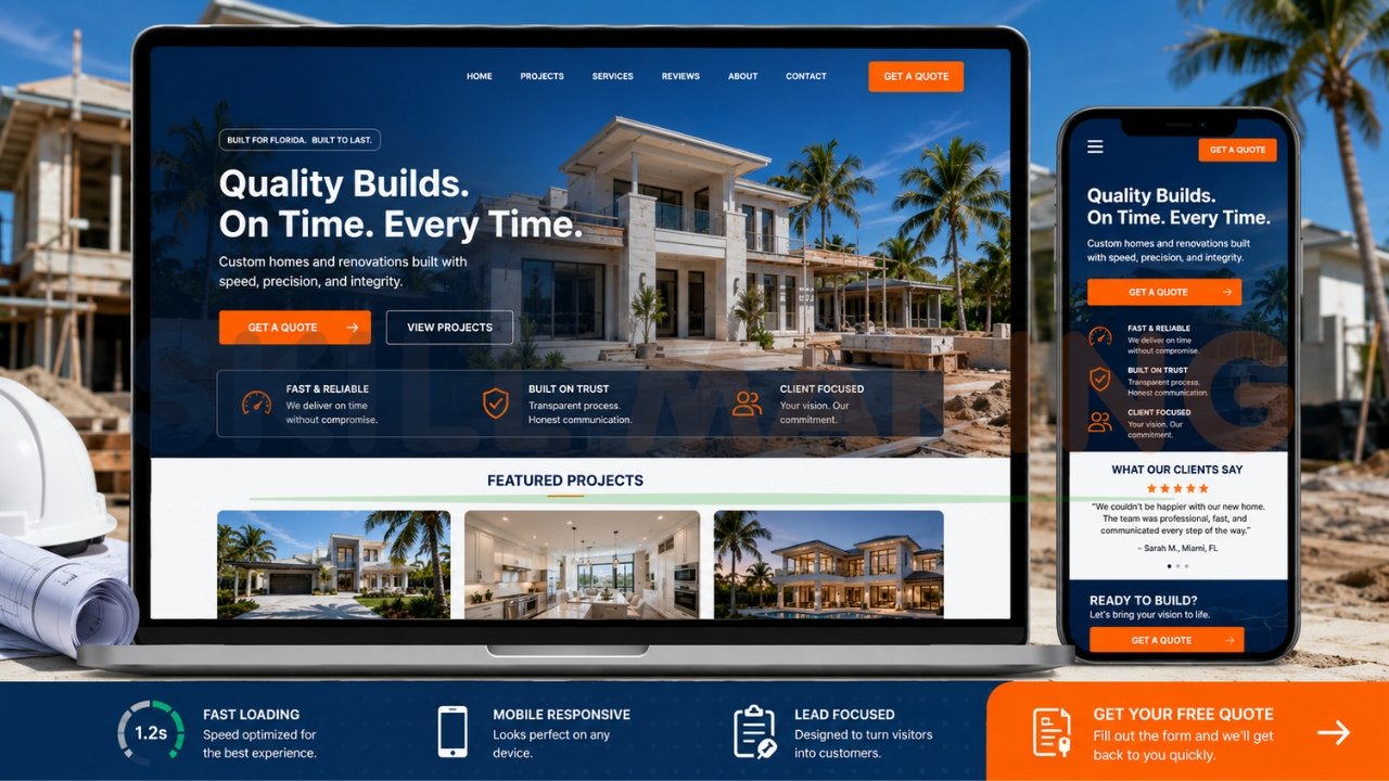 General contractor website design displayed on laptop and mobile featuring custom home projects, quote buttons, testimonials, and responsive layout
