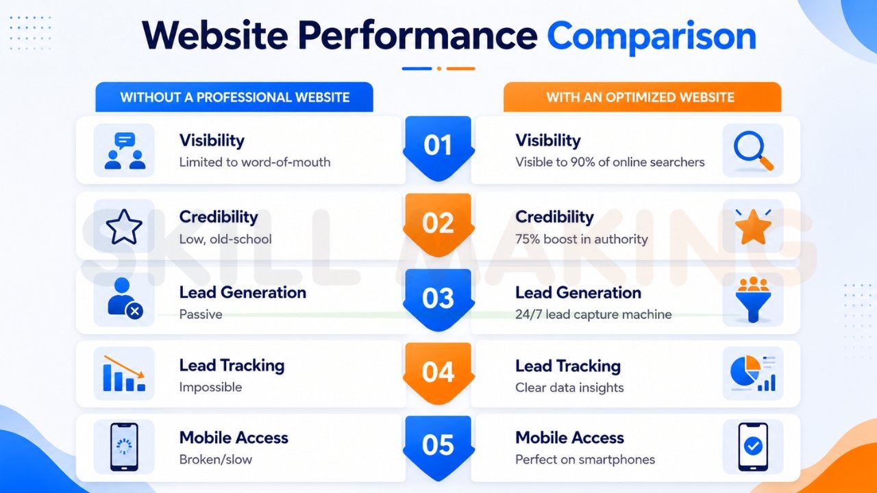 Website performance comparison infographic showing benefits of an optimized professional website versus no professional website for visibility and lead generation