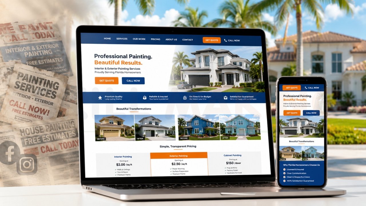 Modern painting company website design displayed on laptop and mobile with Florida home painting services, pricing, and quote buttons