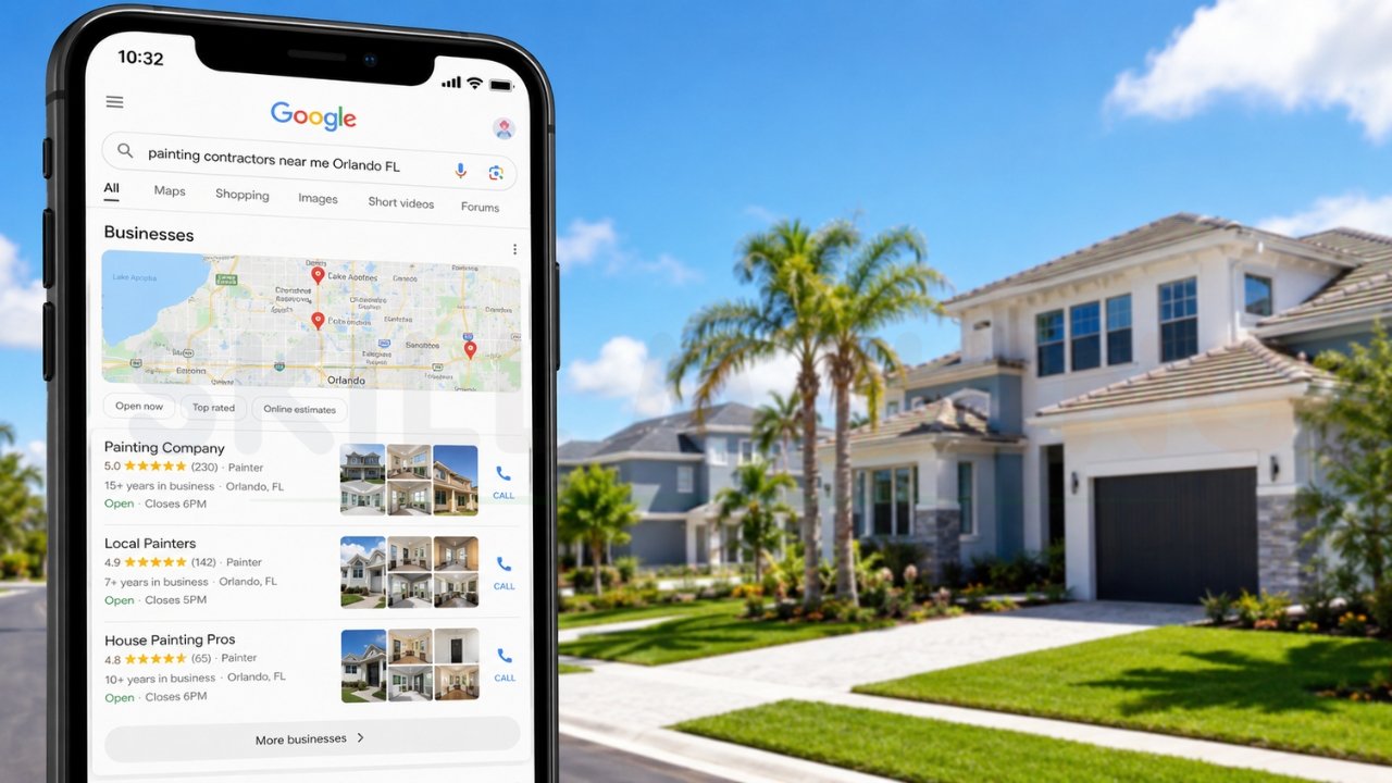 Google search results for painting contractors near Orlando Florida displayed on smartphone beside modern painted Florida homes