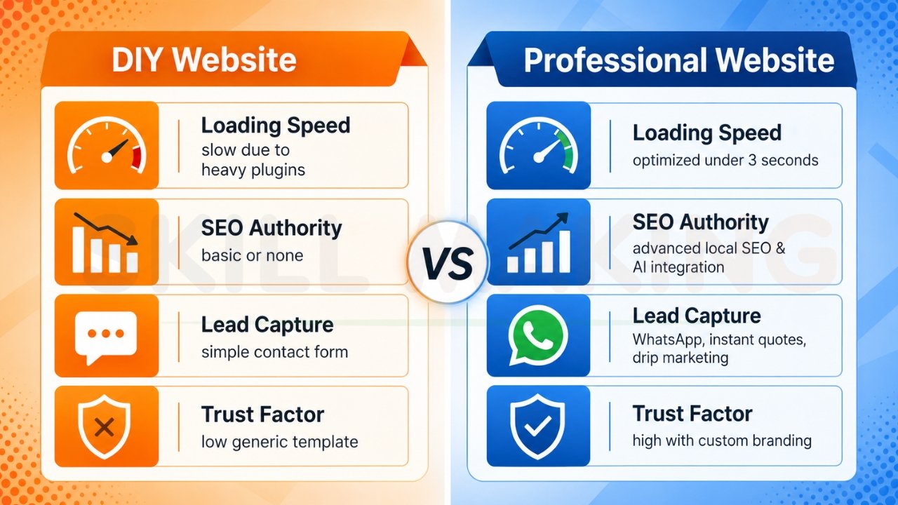 DIY website versus professional website comparison showing differences in speed, SEO, lead generation, and trust factors