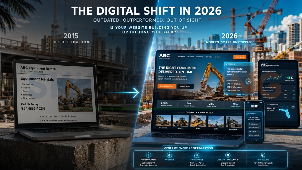 Modern website design comparison for construction equipment rental companies showing outdated 2015 website versus advanced AI-powered 2026 website