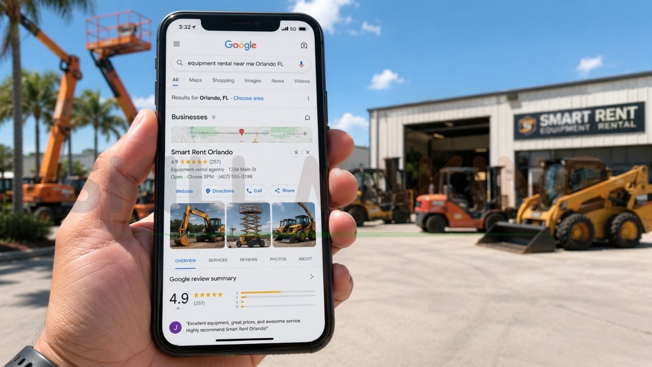 Google search results for equipment rental companies in Orlando FL displayed on a smartphone in front of a rental equipment yard