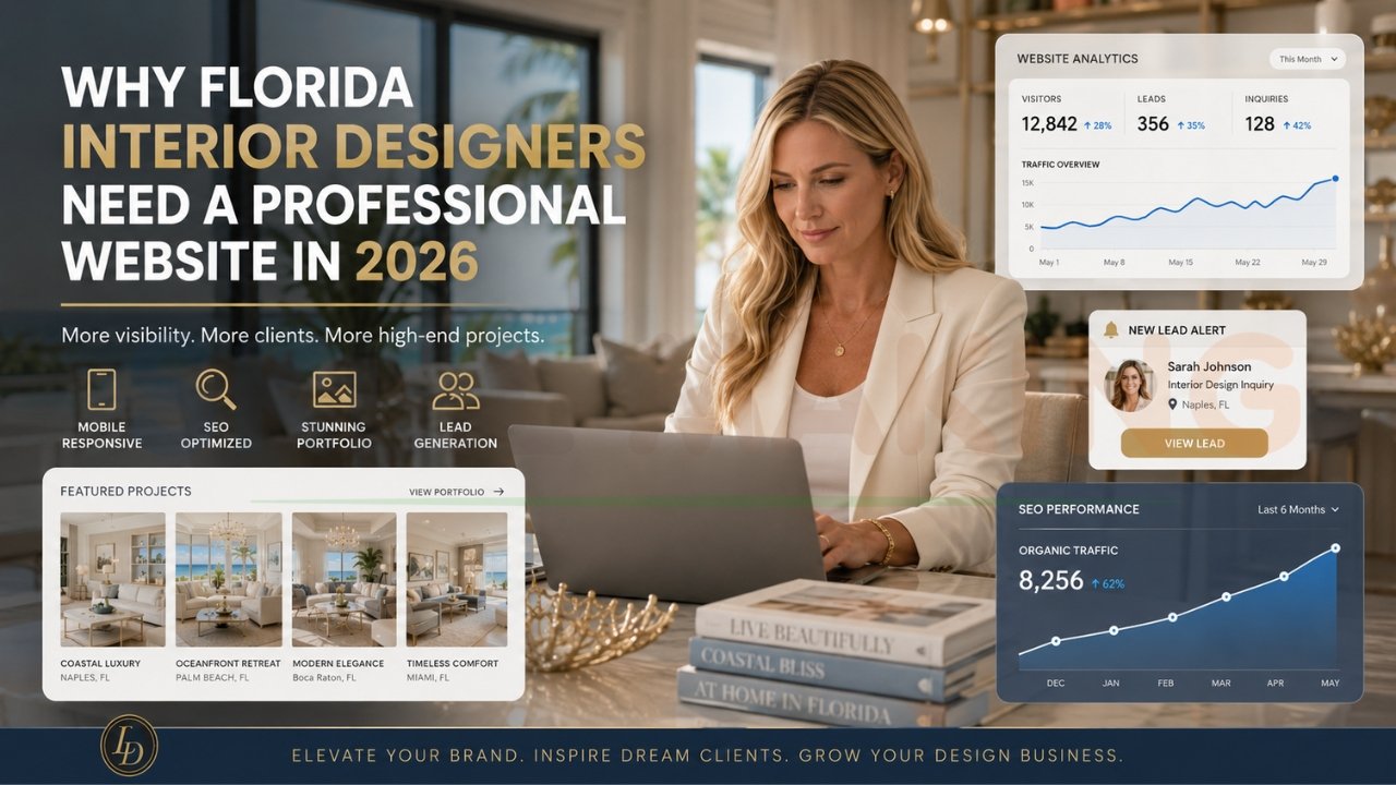 Professional website design for interior designers featuring SEO optimization, portfolio showcase, lead generation, and analytics dashboard