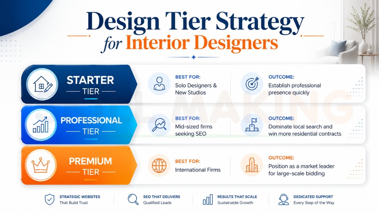 Design tier strategy infographic for interior designers showing starter, professional, and premium website service packages