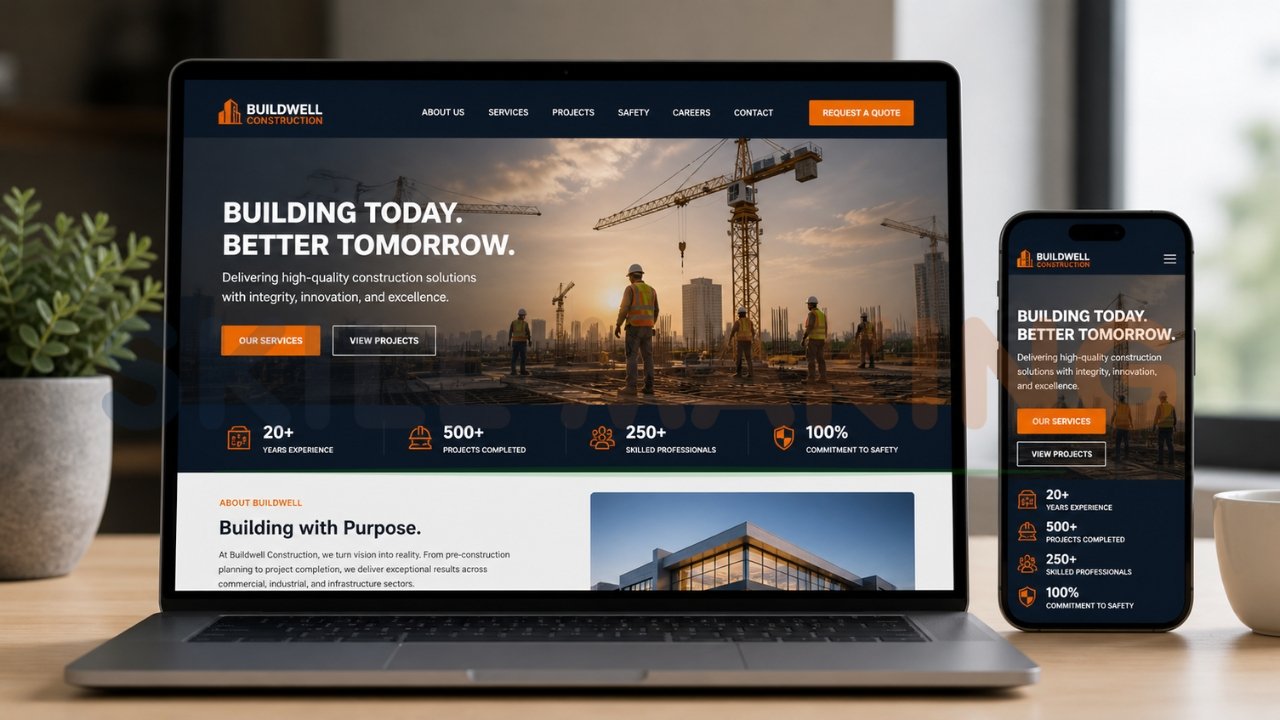 Professional website design services for construction companies displayed on laptop and mobile