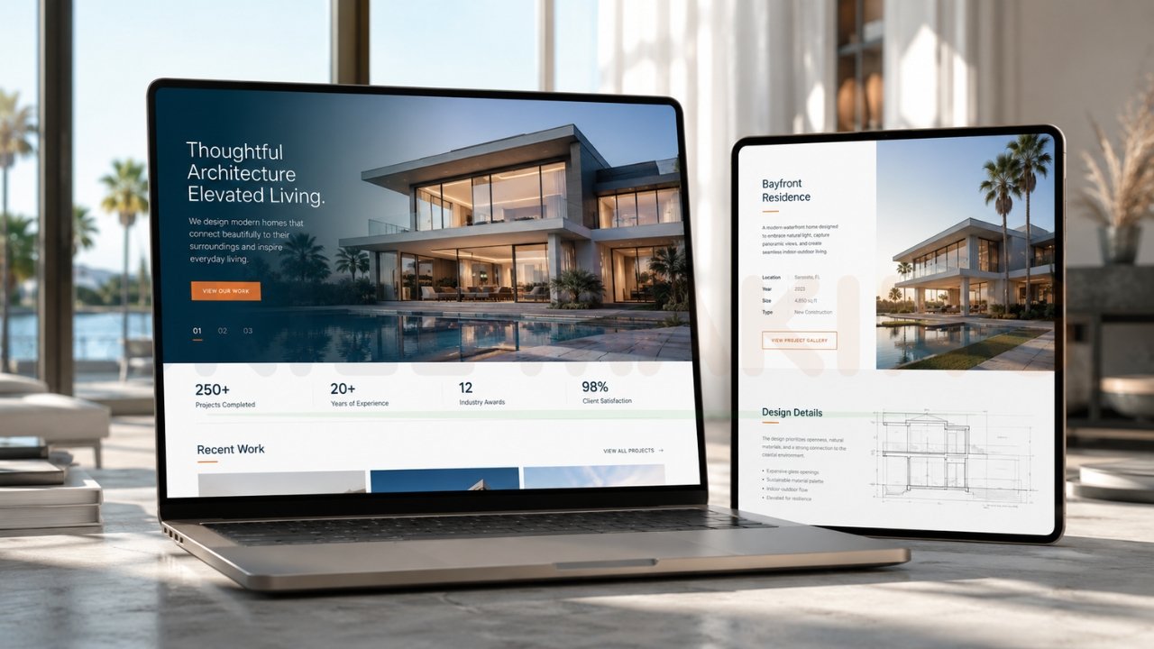 Modern architect website design displayed on laptop and tablet featuring luxury home portfolio, project gallery, and architectural design details